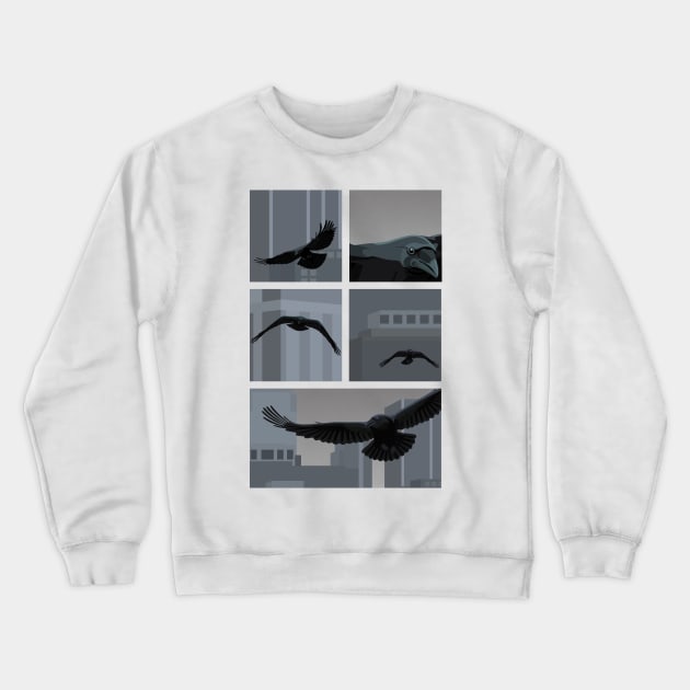 Ravens in front of Canary Wharf buildings Crewneck Sweatshirt by BurrowsImages